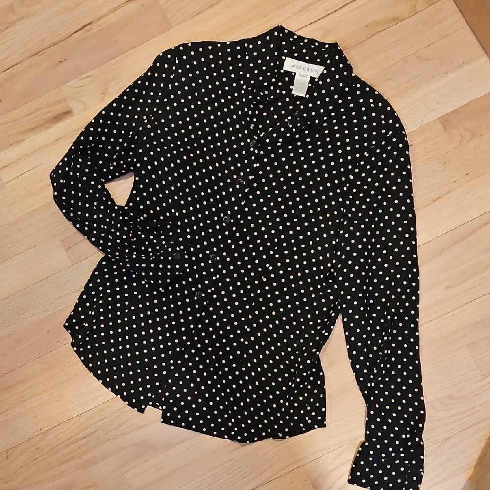 Jones New York Black and Cream Silk Blouse